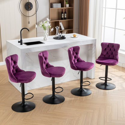 Swivel Velvet Barstools Adjusatble Seat Height from 25-33 Inch,17.7inch base, Modern Upholstered Bar Stools with Backs Comfortable Tufted for Home Pub and Kitchen Island,Purple,Set of 2,SW1812PP