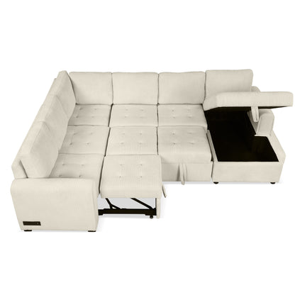 107.5" U-shaped Sofa Sectional Sofa Pull-out Sofa bed with a Storage Chaise Lounge, Charging Devices for Living Room, Beige