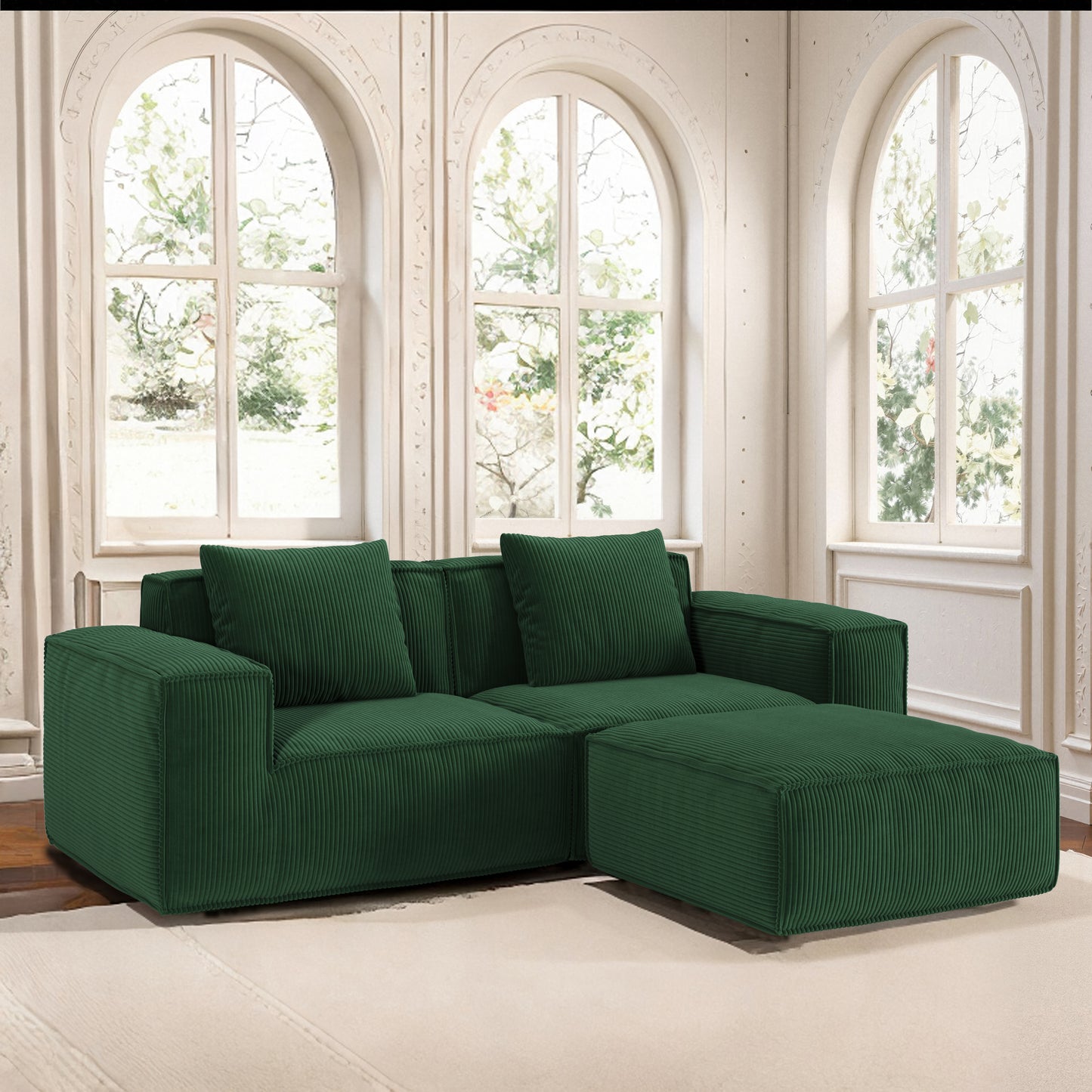 modular sofa can be converted into an oversized sofa bed Free conversion sofa set flexible configuration, soft corduroy cloud velvet fabric two person combination with footrest -green