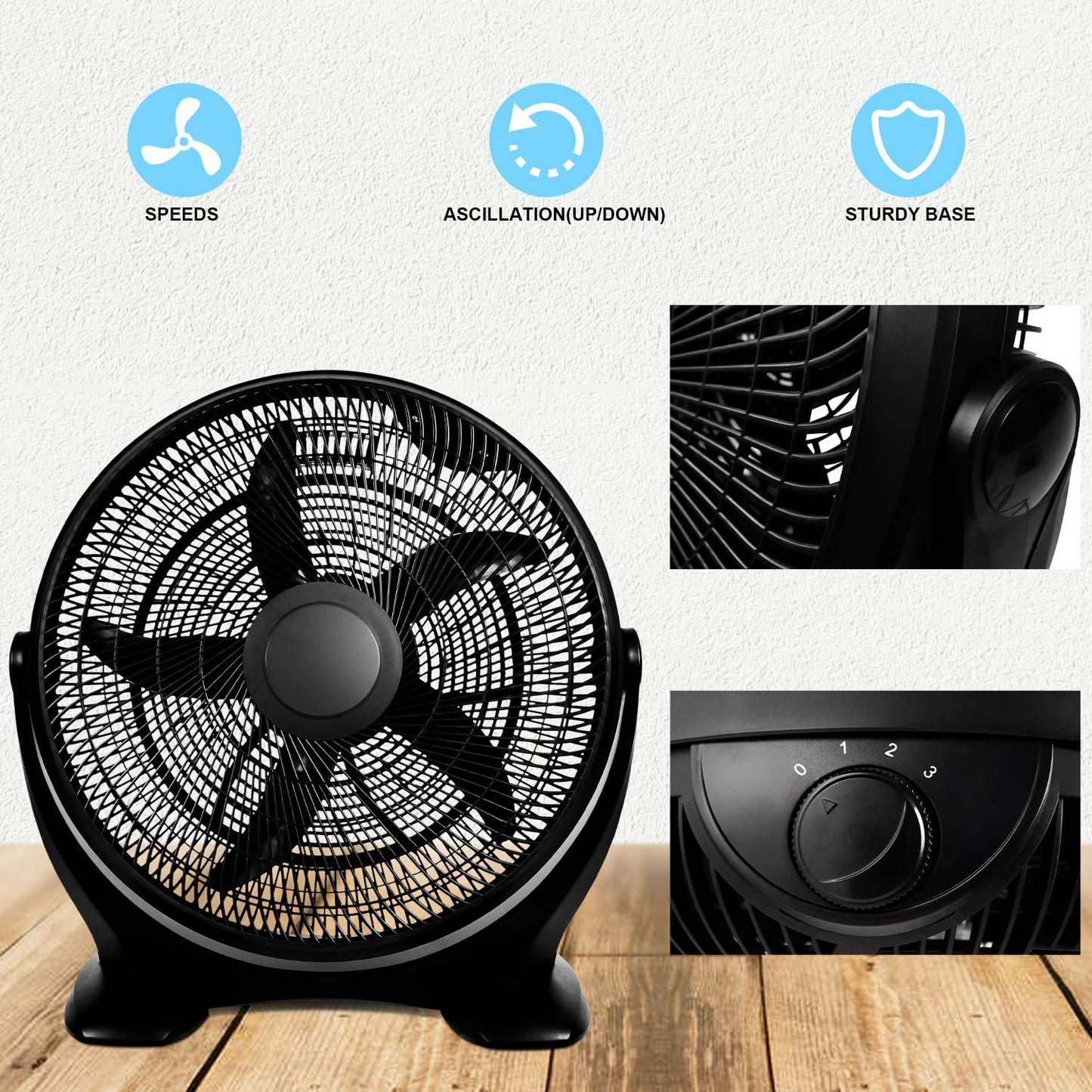 Simple Deluxe 18 Inch 3-Speed Plastic Floor Fans Oscillating Quiet for Home Commercial, Residential, and Greenhouse Use, Outdoor/Indoor, Black