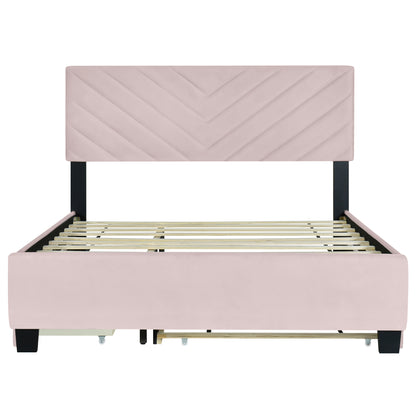 Queen Size Upholstered Platform Bed with Twill Headboard, Pullout Bed and Two Drawers, Flannel,Pink