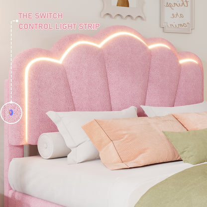 Twin Size Upholstered Flower-Shape Bed, Elegant Flowers Headboard with LED Light Strip ,Sherpa Fabric Platform Bed with Wooden Slats Support, Pink