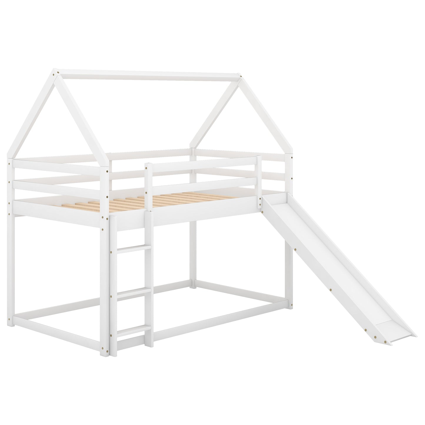 Twin Bunk House Bed with Slide and Ladder, White