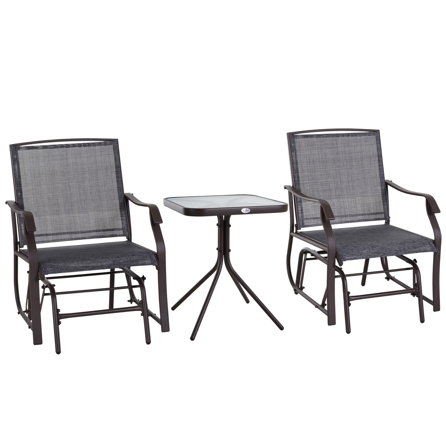 Outsunny 3 Piece Outdoor Glider Chair with Coffee Table Bistro Set, 2 Patio Rocking Swing Chairs with Breathable Sling Fabric, Glass Tabletop, for Backyard, Garden and Porch, Gray