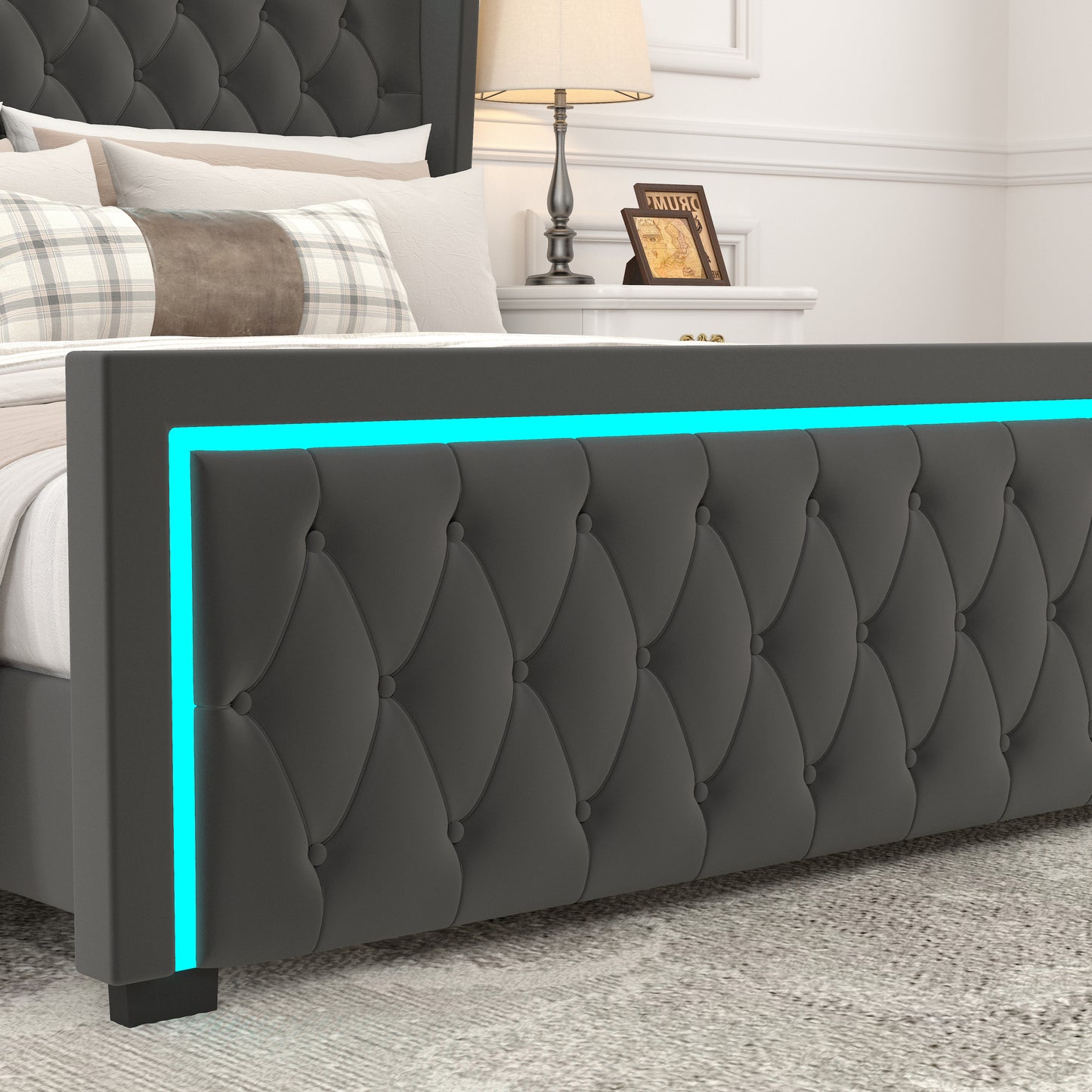 Queen Platform Bed Frame With High headboard, Velvet Upholstered Bed with Deep Tufted Buttons, Adjustable Colorful LED Light Decorative Headboard, Wide Wingbacks,BLACK