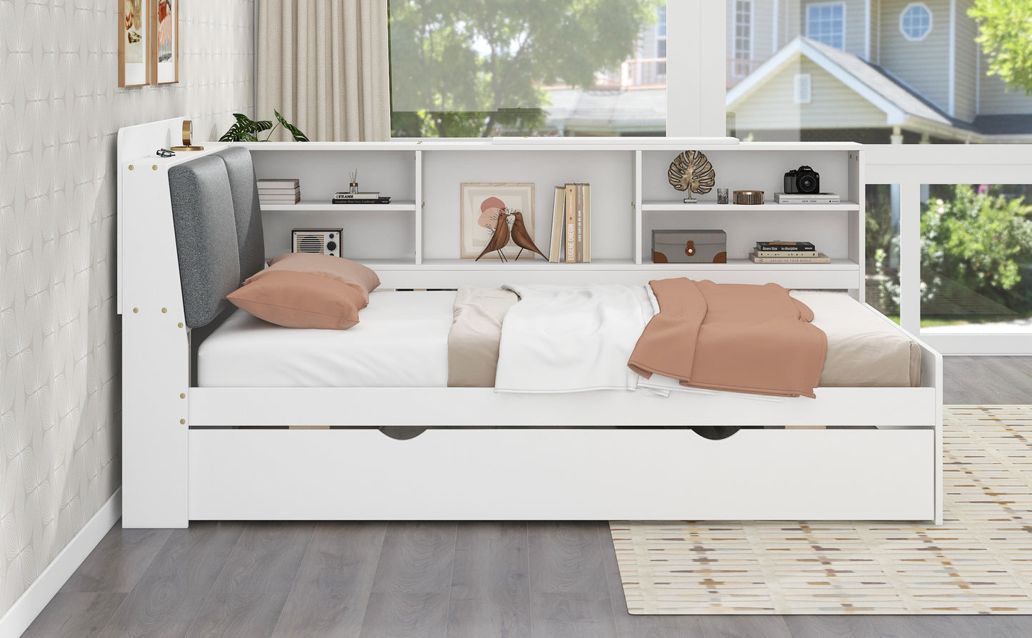 Wood Twin Size platform bed with Trundle, Shelves and Storage Headboard, White