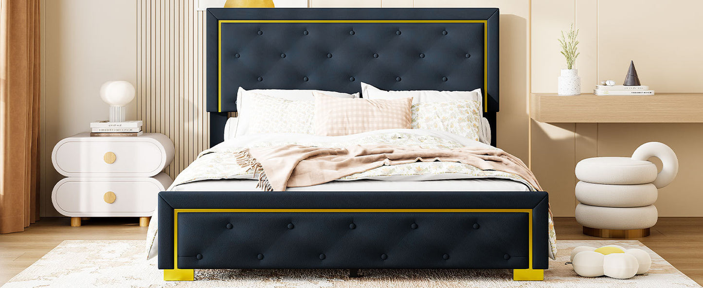 Queen Size Upholstered Platform Bed With Pull Point Headboard And Metal Wire Frame At The Head And Foot Of The Bed, Metal Feet, Velvet, Black