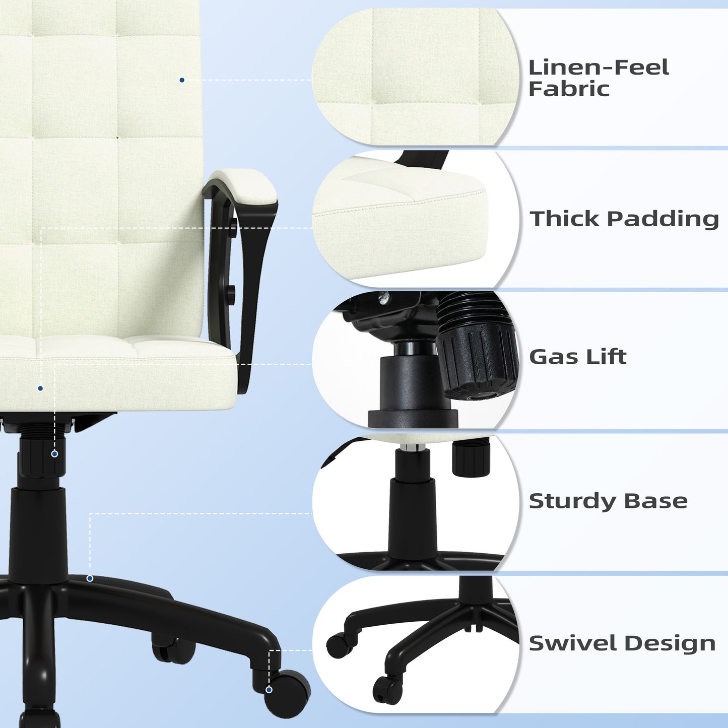 Fabric Office Chair, Computer Desk Chair, Swivel Task Chair with Arms, Adjustable Height, Swivel Wheels, Mid Back, Cream White