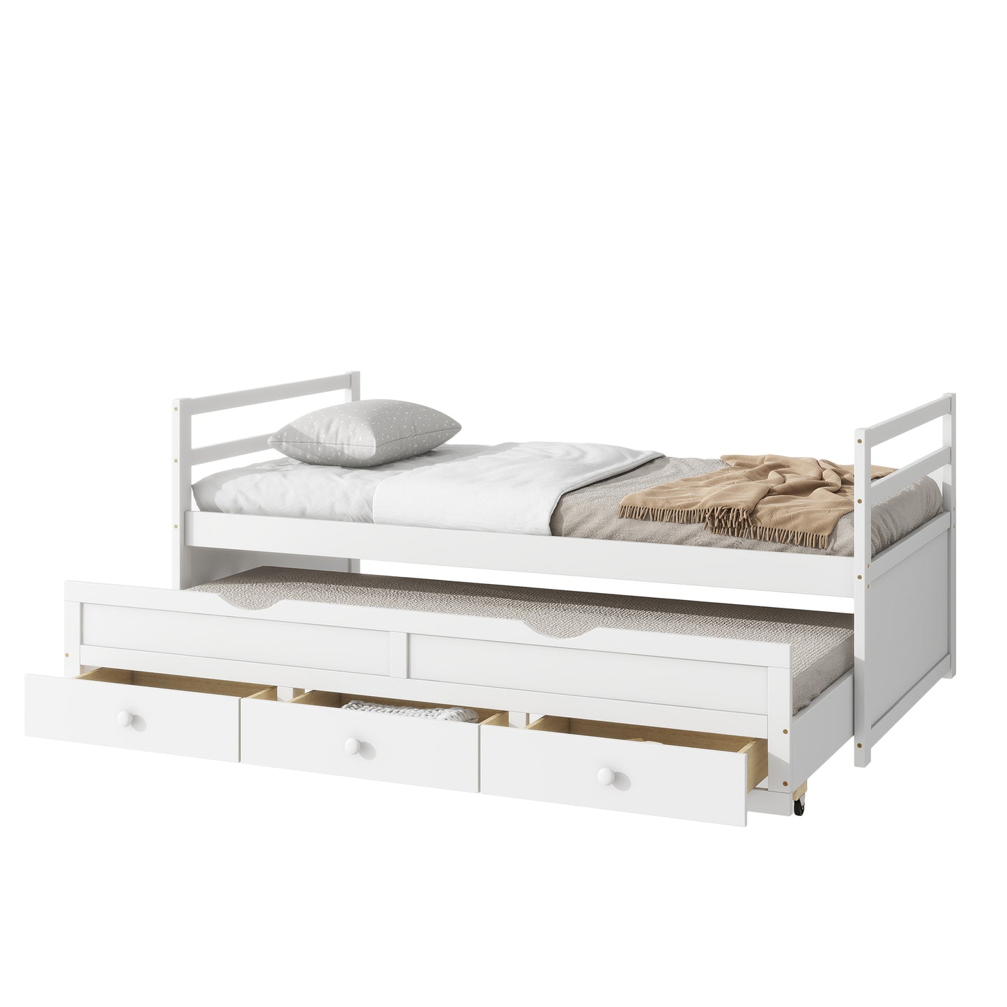 Twin Size Bed with Headboard, Footboard, Trundle and Three Storage Drawers, Twin Size Pine Wood Bed with Headboard, Footboard,White