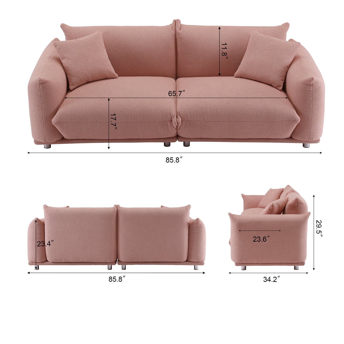 3+1 Oversized Loveseat Sofa for Living Room, Sherpa Sofa with Metal Legs, 3 Seater Sofa, Solid Wood Frame Couch with 2 Pillows, for Apartment Office Living Room Pink