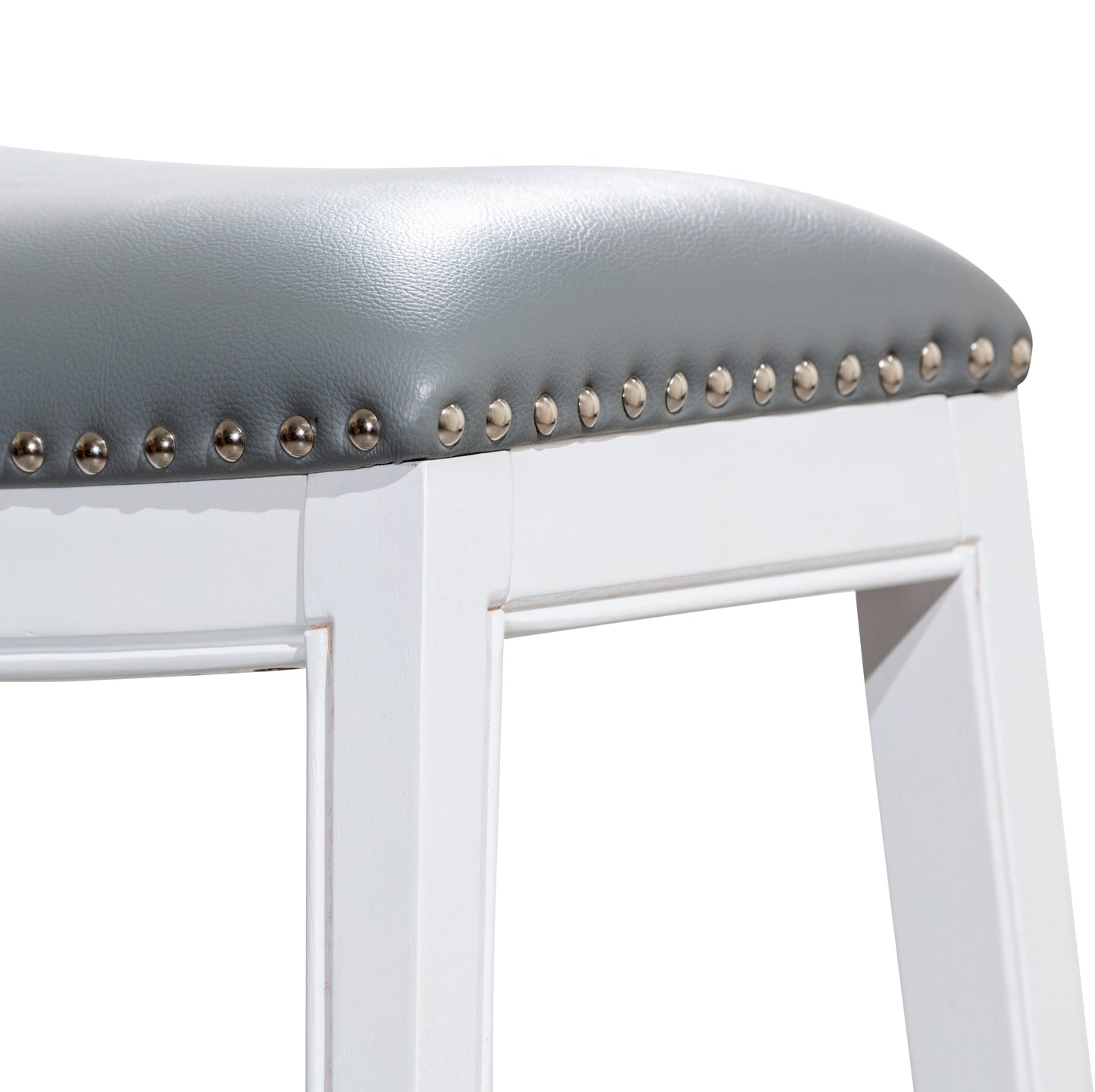 30" Bar Height Saddle Stool, White Finish, Gray Leather Seat