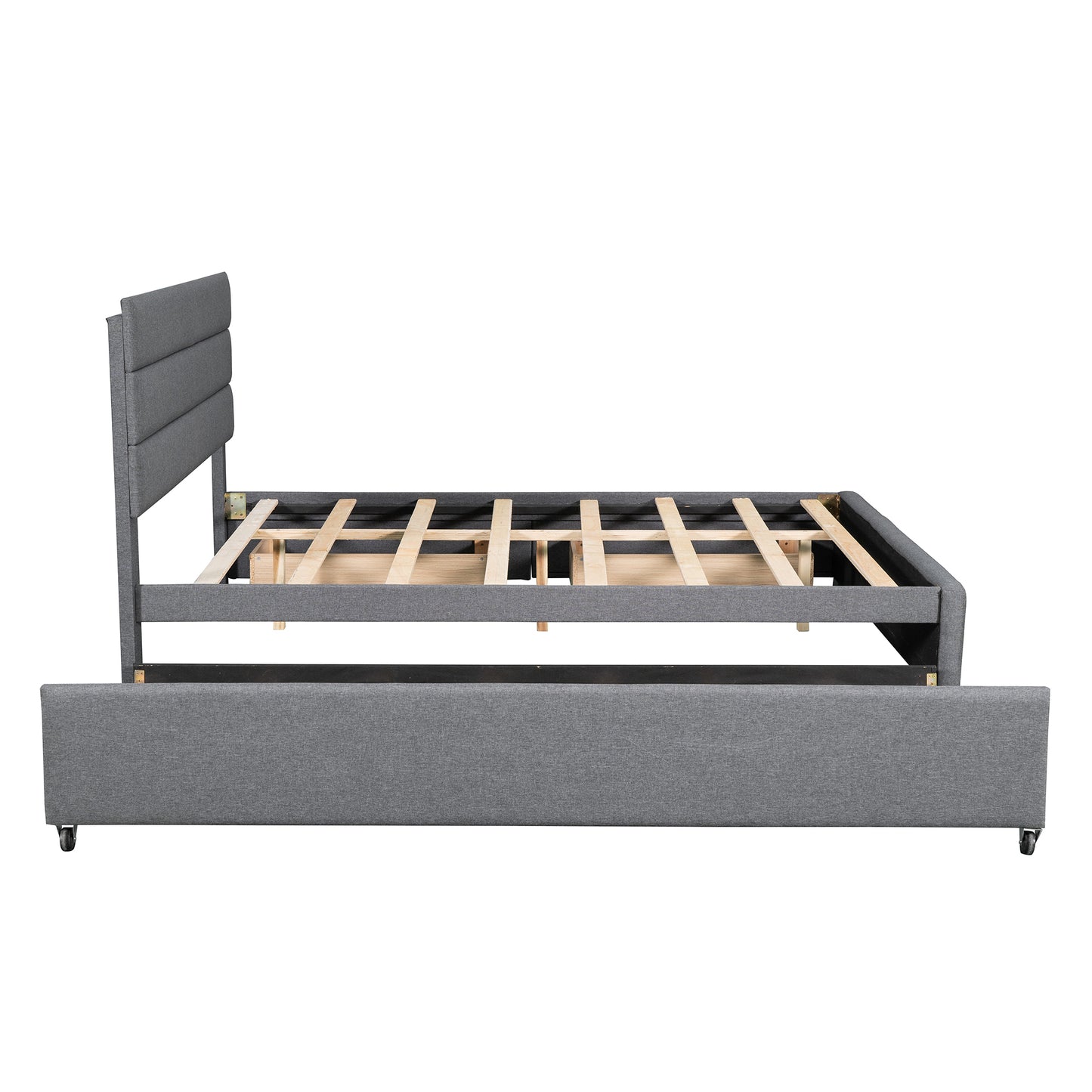 Queen Upholstered Platform Bed with Twin Size Trundle and Two Drawers,Grey