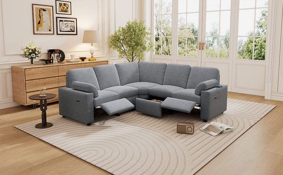 89" Power Recliner Sectional Sofa Home Theater Reclining Sofa with Two USB Ports, Two Storage Drawers for Living Room, Gray