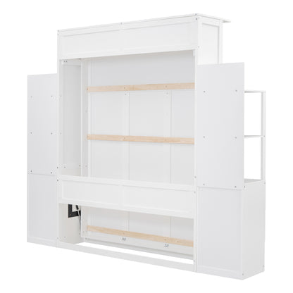 Queen Size Murphy Bed Wall Bed with Shelves, Drawers and LED Lights,White