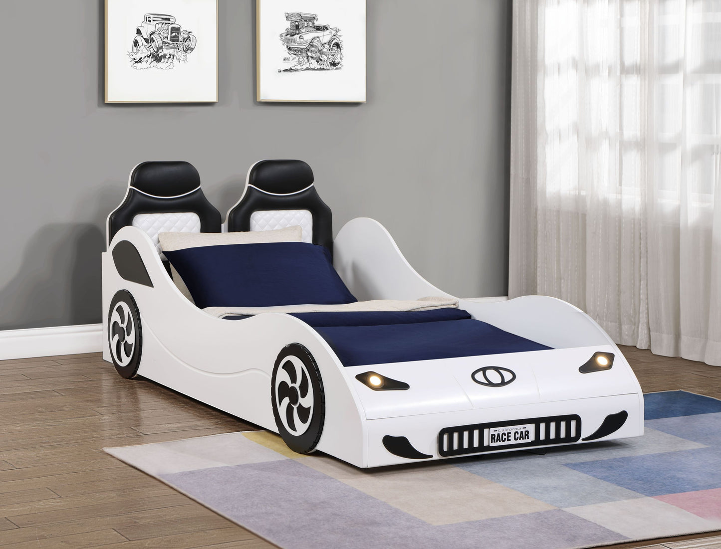 Colen White Finish Twin Car Bed with LED