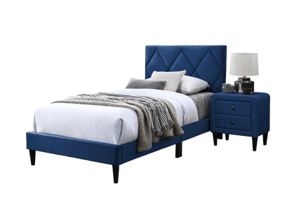 Twin Size Bed w Adjustable Headboard 1pc Bedframe, Navy Blue Velvet Upholstered Youth Bedroom Furniture