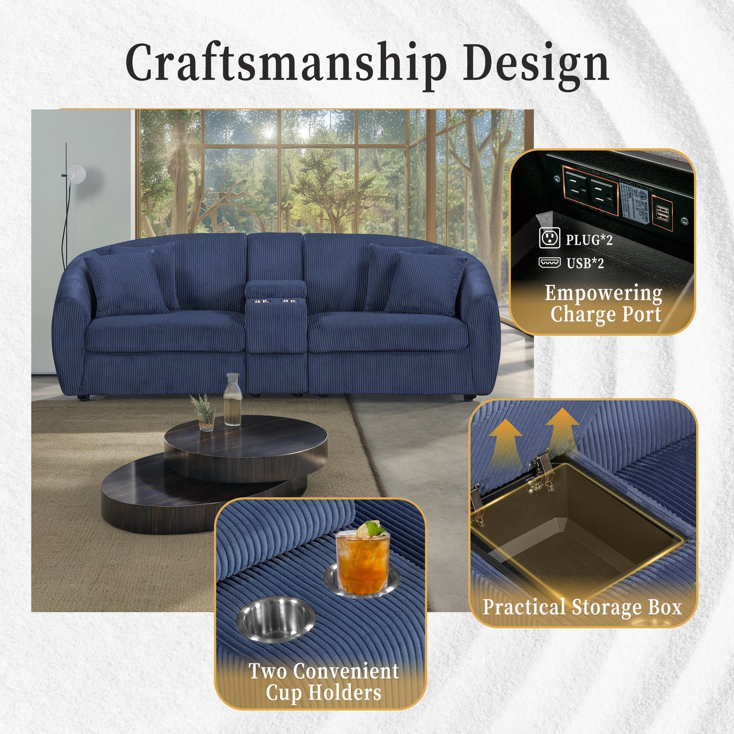 UNITED WE WIN corduroy fabric, two cup holders, storage, oversized two-seat, solid wood frame, high quality sponge filling, curved placement sofa