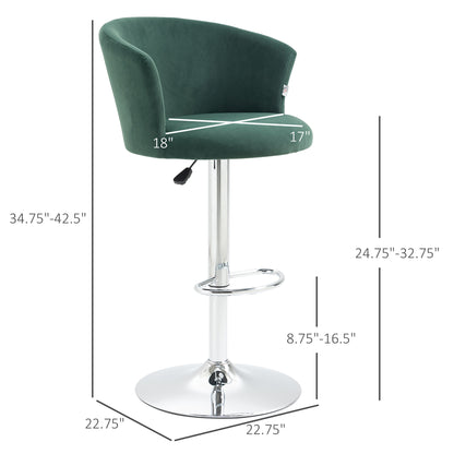 HOMCOM Adjustable Bar Stools Set of 2, Velvet Upholstered Kitchen Stool, Swivel Counter Height Barstool with Footrest for Dining Room, ‎Dark Green