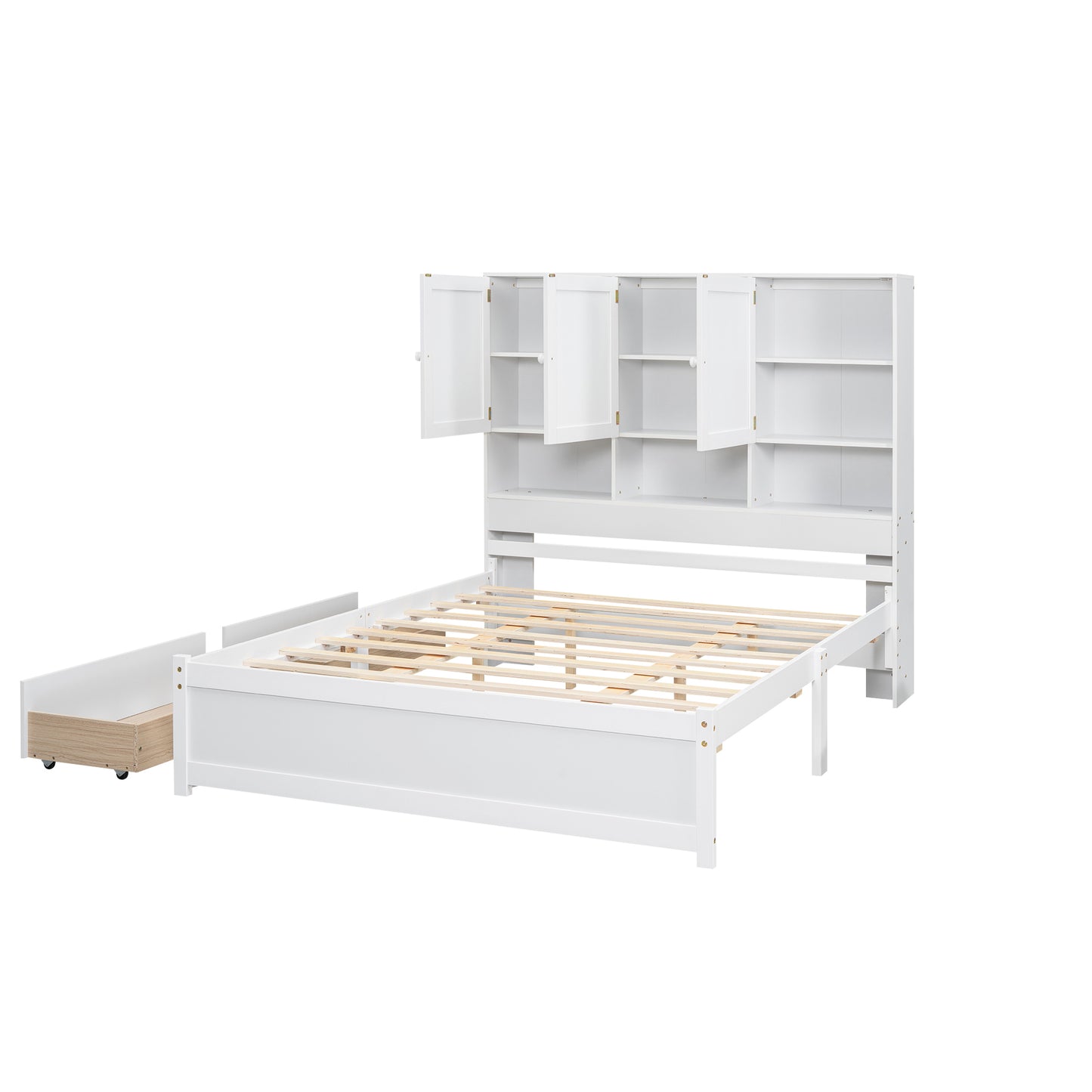 Queen Size Platform Bed with Storage Headboard and 4 Drawers, White