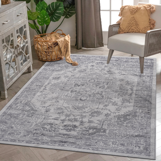 5X7 Silver/Oriental Non-Shedding Living Room Bedroom Dining Home Office Stylish and Stain Resistant Area Rug