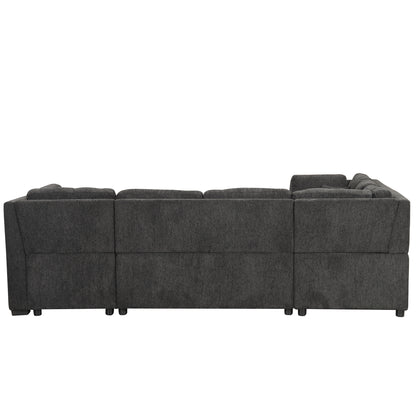 108.6" U-shaped Sectional Sofa Pull out Sofa Bed with Two USB Ports, Two Power Sockets, Three Back Pillows and a Storage Chaise for Living Room, Black