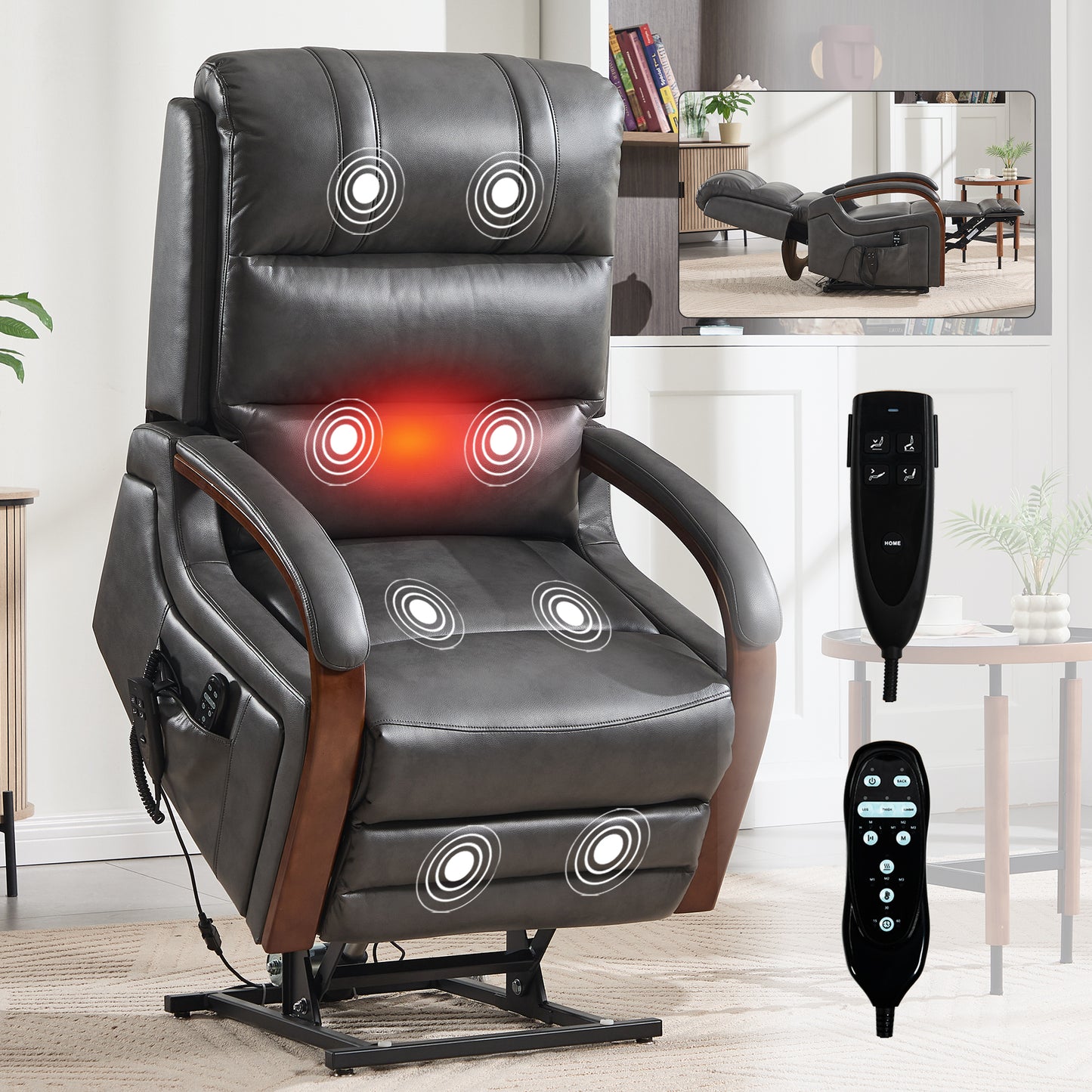 Power Dark Grey Leatheraire Lift Recliner Chair Dual Motor Infinite Position Up to 350 LBS with Solid Wood Armrests, Heat Massage and Heavy Duty Motion Mechanism