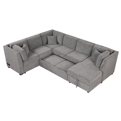 108.6" U-shaped Sectional Sofa Pull out Sofa Bed with Two USB Ports, Two Power Sockets, Three Back Pillows and a Storage Chaise for Living Room, Light Gray