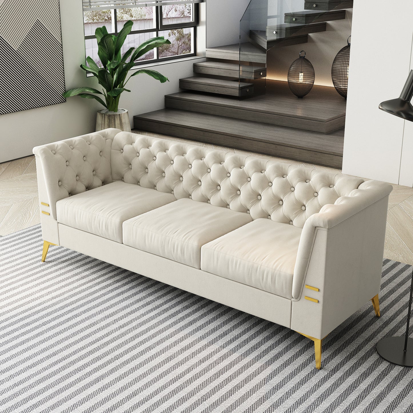 FX-P83-CW (sofa) -Modern Velvet Living Room Chesterfield design 82.7inch Wide Sofa cream white color