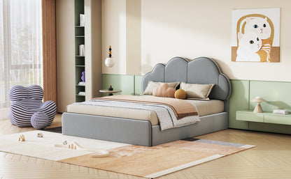 Queen size Upholstered Platform Bed with Cloud-shaped Headboard, Gray