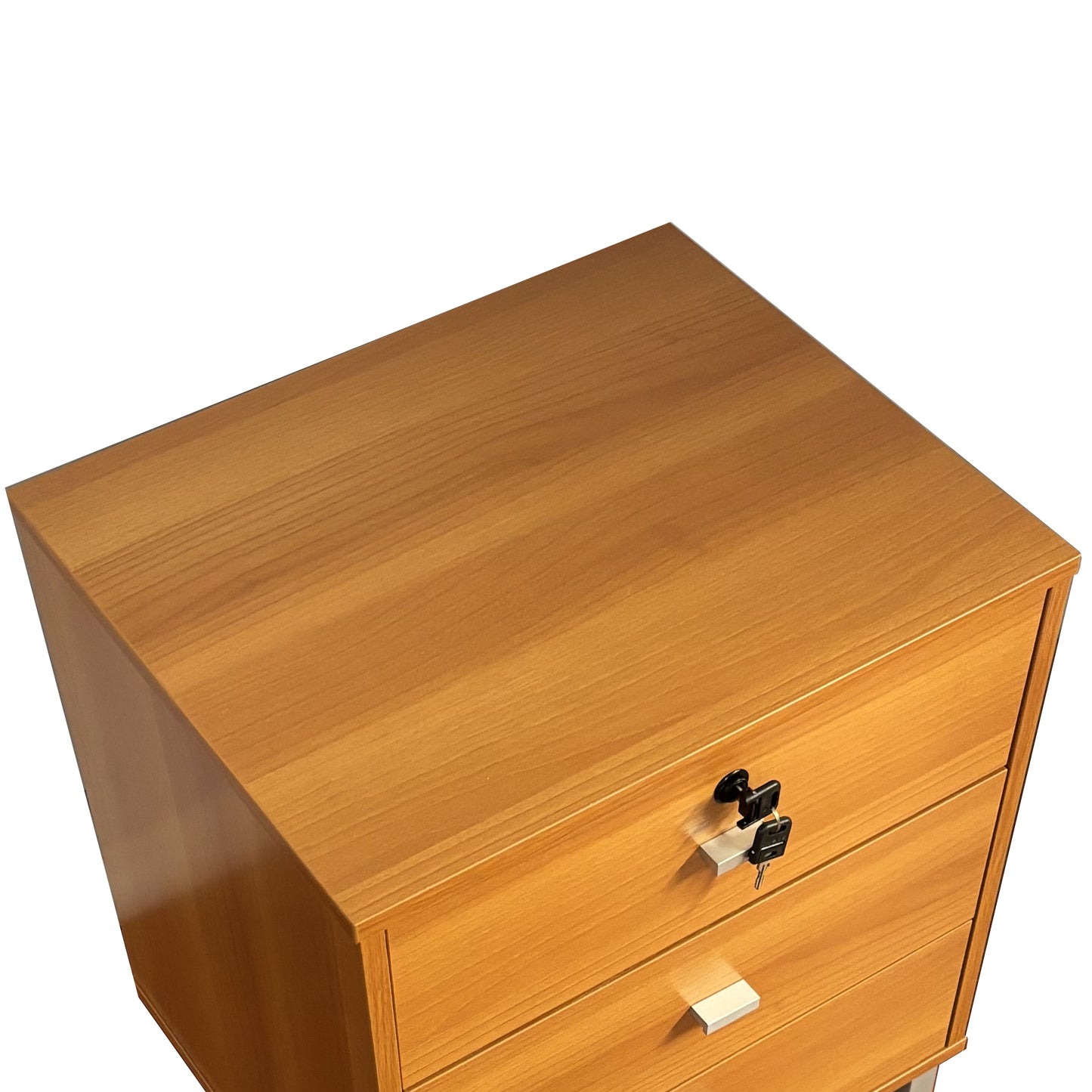 Three drawer nightstand locking top drawer metal drawer glides metal bar handles light cherry color