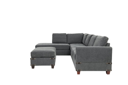 Living Room Furniture Charcoal Chenille Sectional w Ottoman Linen Like Fabric Sofa Reversible L/R Chaise Ottoman 3pc Sectional Sofa