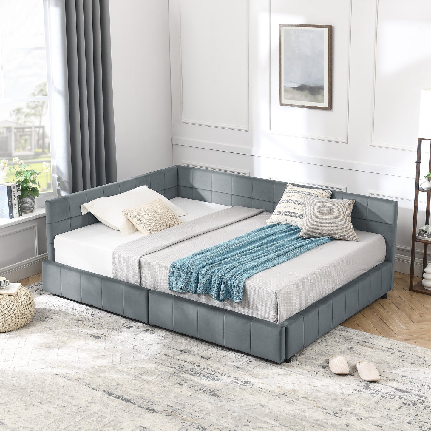 Full Size Storage Upholstered Tufted Bed Frame, Sofa Bed Frame with Comfortable Backrest and Armrests, Full Size Bed for Bedroom, Living Room,Velvet, GREY(80.5''*59''*29.5'')