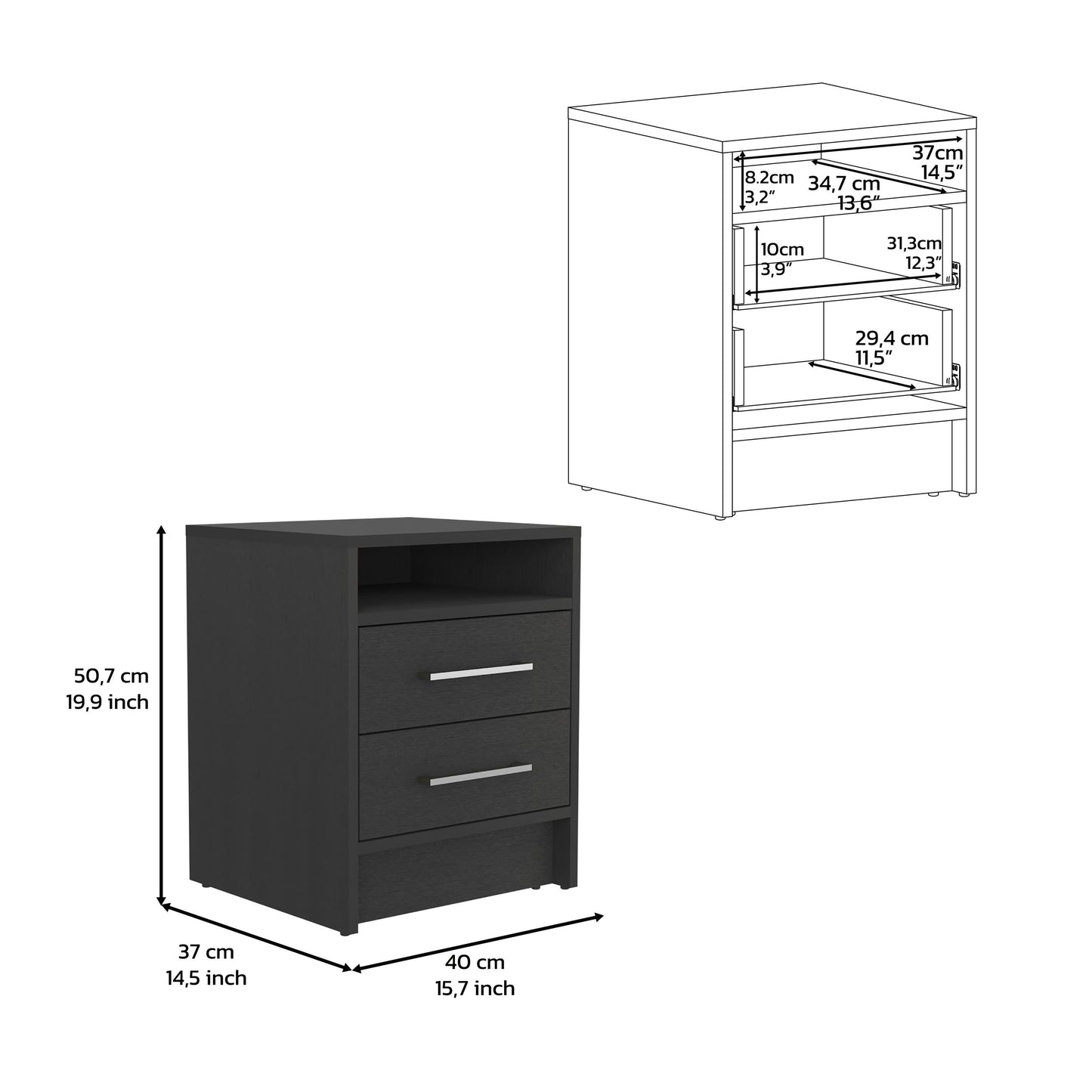 Nightstand 23.6" H, with 2 Drawers and 1 Shelf, Black