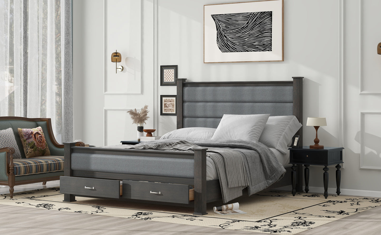 Queen Size Wood Frame Platform Bed with Upholstered Headboard, Footboard and 2 Drawers, Antique Gray