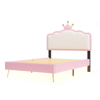 Twin size Upholstered Princess Bed With Crown Headboard,Twin Size Platform Bed with Headboard and Footboard with Light Strips,Golden Metal Legs, White+Pink