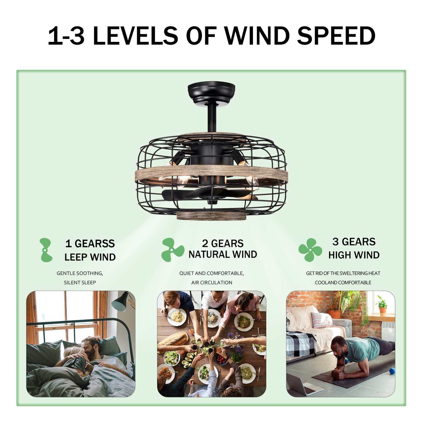 18'' Farmhouse Ceiling Fans  Light - Caged Ceiling Fan with Remote Control (3-Speeds Adjustable), Wood Rustic Enclosed Reversible Ceiling Fans for Bedroom , Living Room, Kitchen.