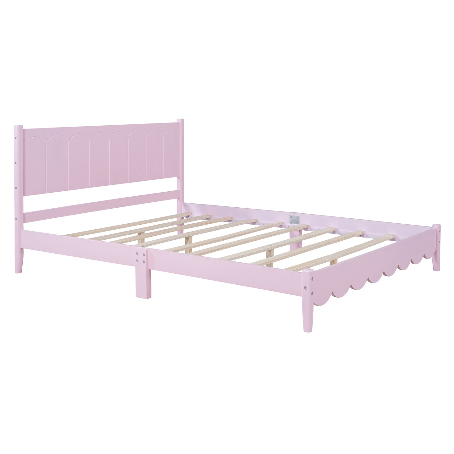 Queen Size Wood Platform Bed Frame, Retro Style  Bed with Rectangular Headboard,No Need Box Spring,Pink