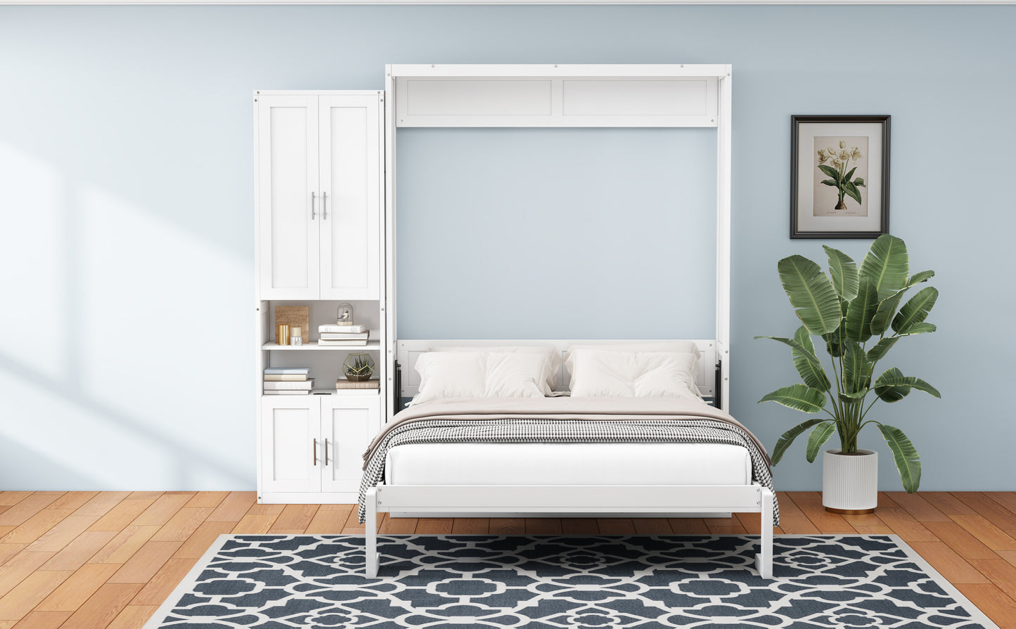 Queen Size Murphy Bed with 1 Side Cabinet Storage Shelf, 68-inch Cabinet Bed Folding Wall Bed with Desk Combo Perfect for Guest Room, Study, Office,White(old sku:BS300192AAC)