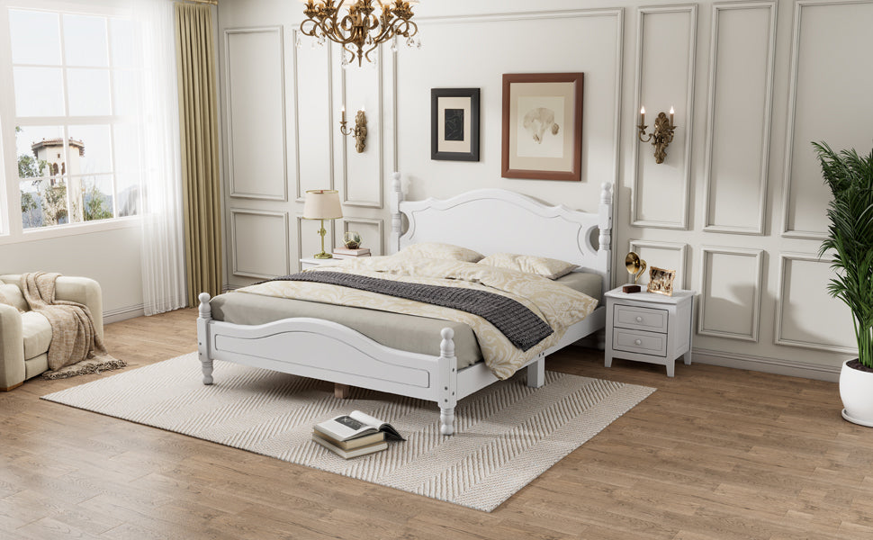 Queen Size Wood Platform Bed Frame,Retro Style Platform Bed with Wooden Slat Support,White