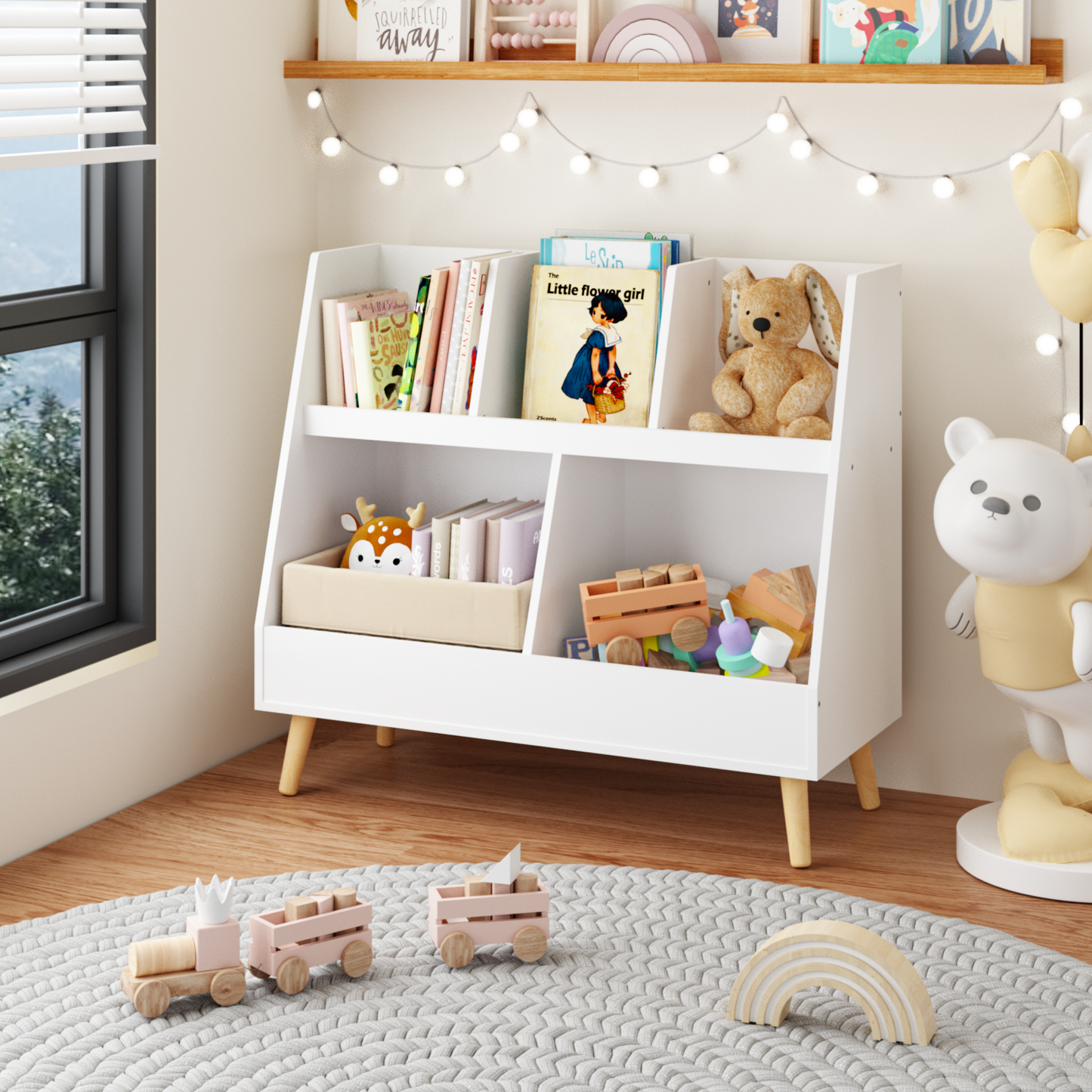 Kids Bookshelf and Toy Organizer, 5 Cubbies Wooden Open Bookcase, 2-Tier Baby Storage Display Organizer with Legs, Free Standing for Playing Room, Bedroom, Nursery, Classroom, White