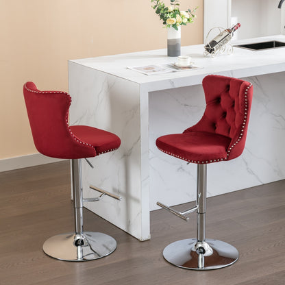 Swivel Velvet Barstools Adjusatble Seat Height from 25-33 Inch, Chrome base Bar Stools with Backs Comfortable Tufted for Home Pub and Kitchen Island, Wine Red,Burgundy,Set of 2,1712WR