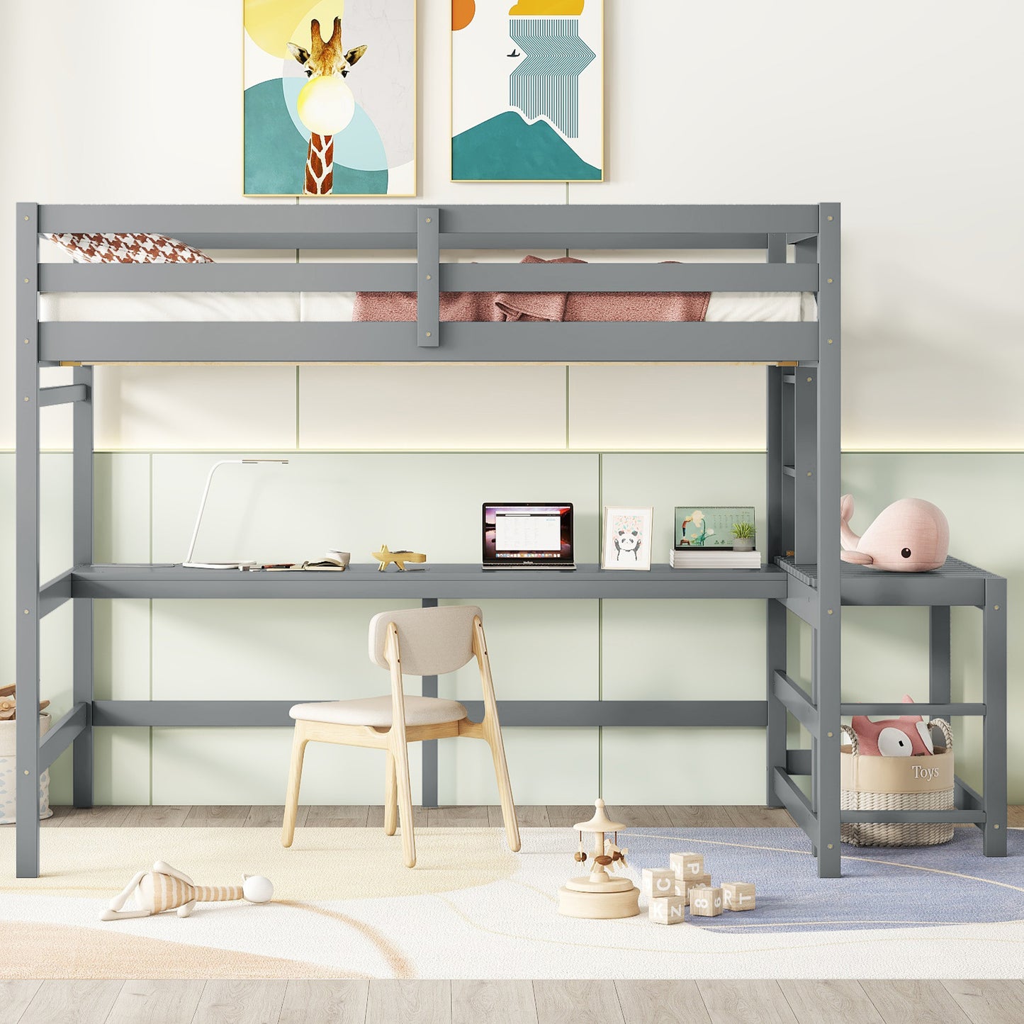 Full Size High Loft Bed with Built-in Desk, Ladder Platform, Ladders, Guardrails ,Grey