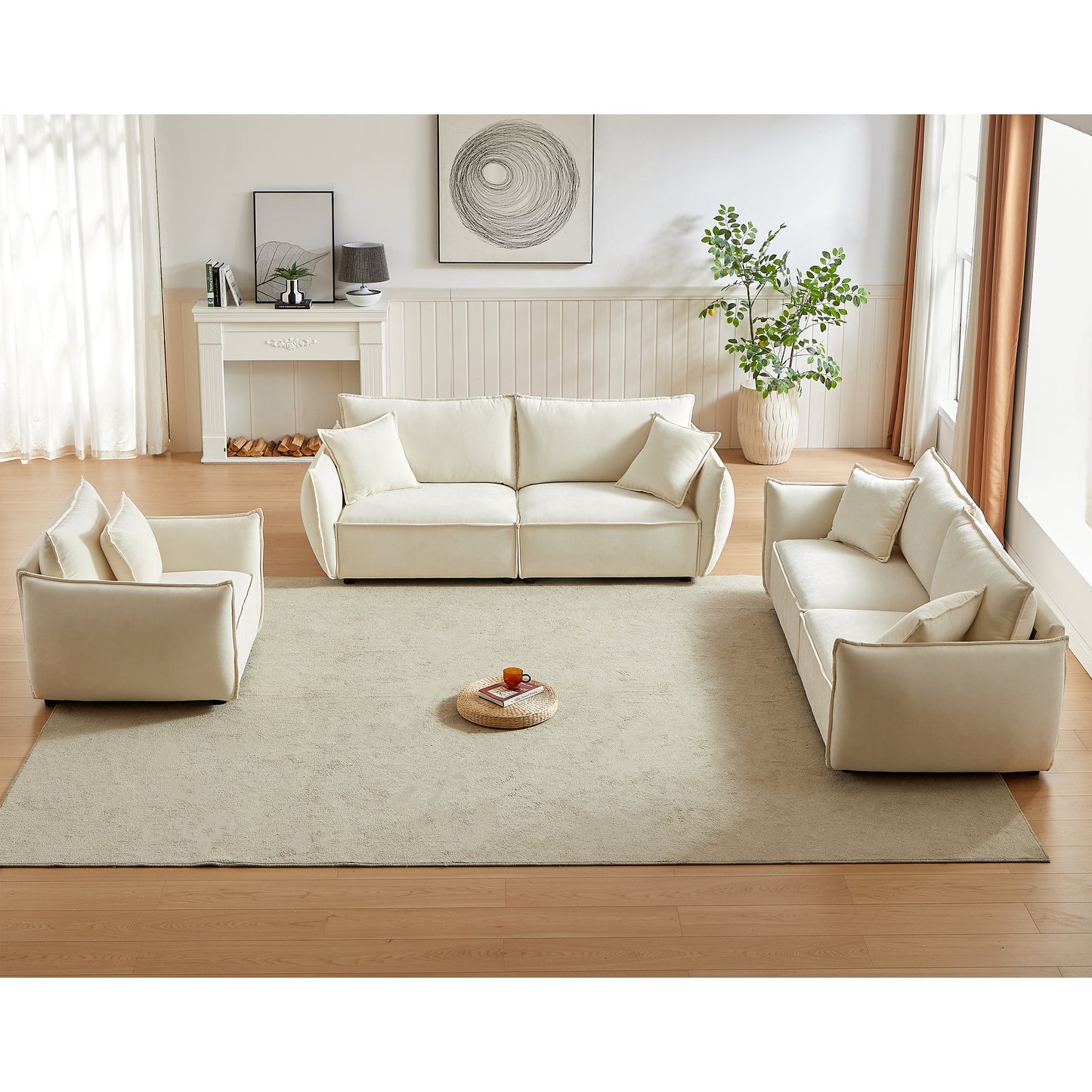 3-Seater + 3-Seater + 1-Seater Combo Sofa Modern Living Room Sofa, Linen Fabric Sofa, Wooden Frame with 5 Pillows, Apartment Sofa Furniture