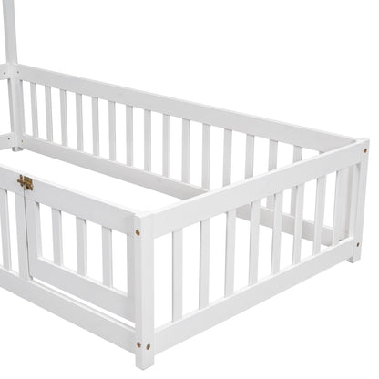 Twin House-Shaped Headboard Floor Bed with Fence,White