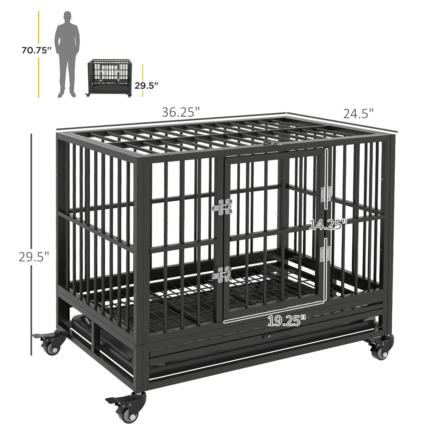 PawHut 36" Heavy Duty Dog Crate Metal Cage Kennel with Lockable Wheels, Double Door and Removable Tray, Gray