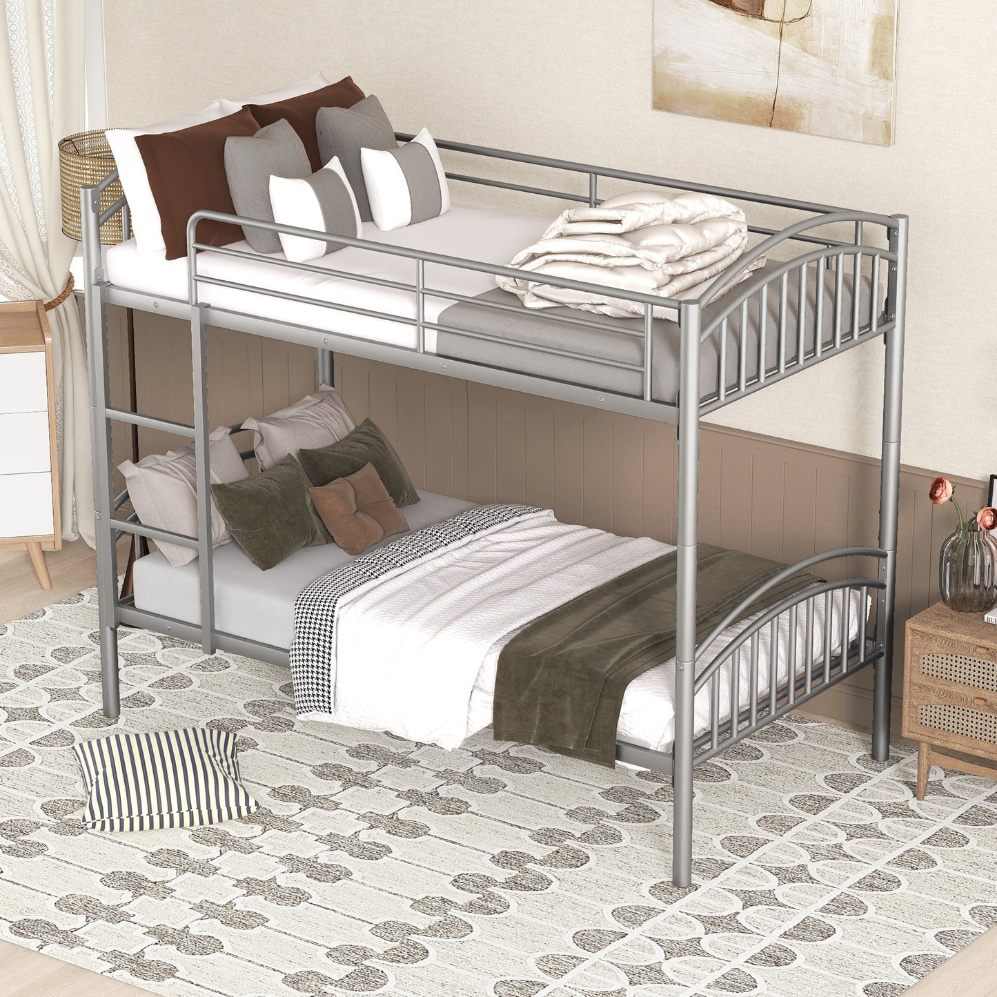 Twin Over Twin Metal Bunk Bed,Divided into Two Beds(Silver){OLD SKU:MF280424AAN}