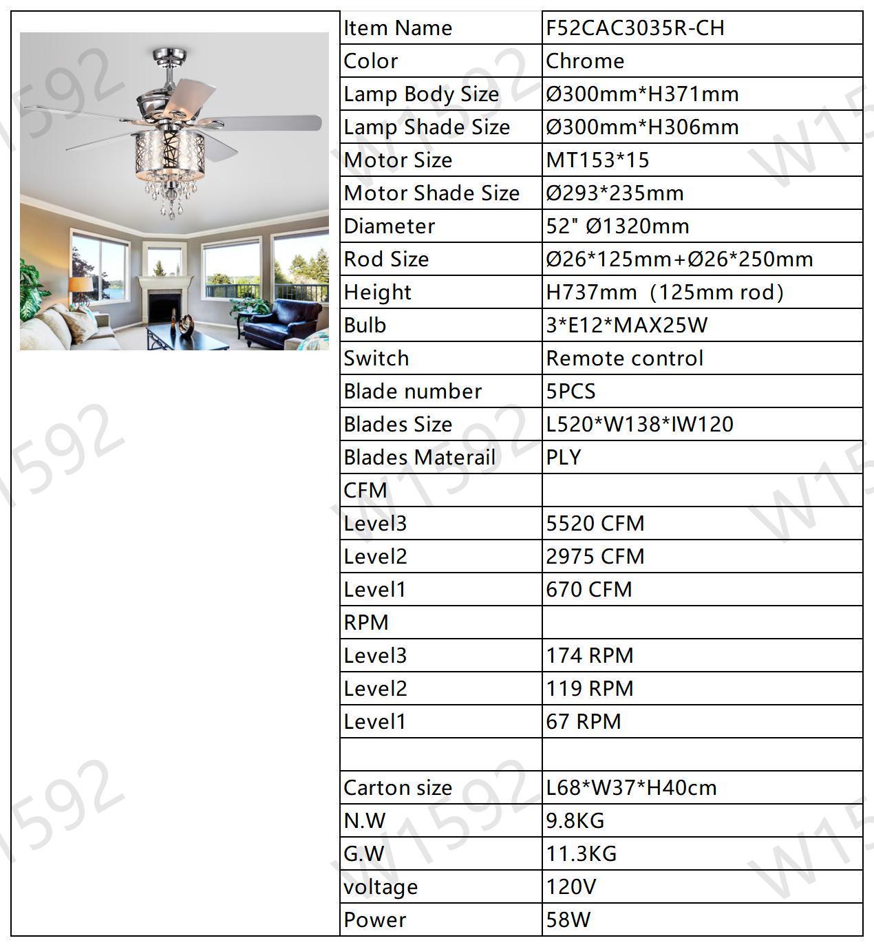 Elegant Metal  52-inch Ceiling Fan (Optional Remote&2 Color Option Blades)  or Bedroom, Living Room, Dining Room--Chrome