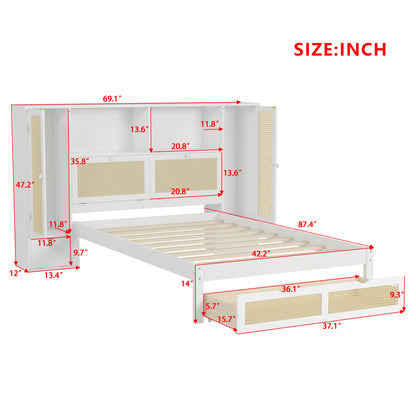 Twin Size Wooden Bed with Two Storage Lockers, Drawer, and Storage Shelf on Headboard, Multifunctional Platform Bed with Natural Rattan, White