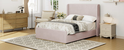 King Size Corduroy Upholstered Bed Frame with 130L Storage Ottoman, and Vertical Stripe Wingback Headboard and High Footboard, Pink