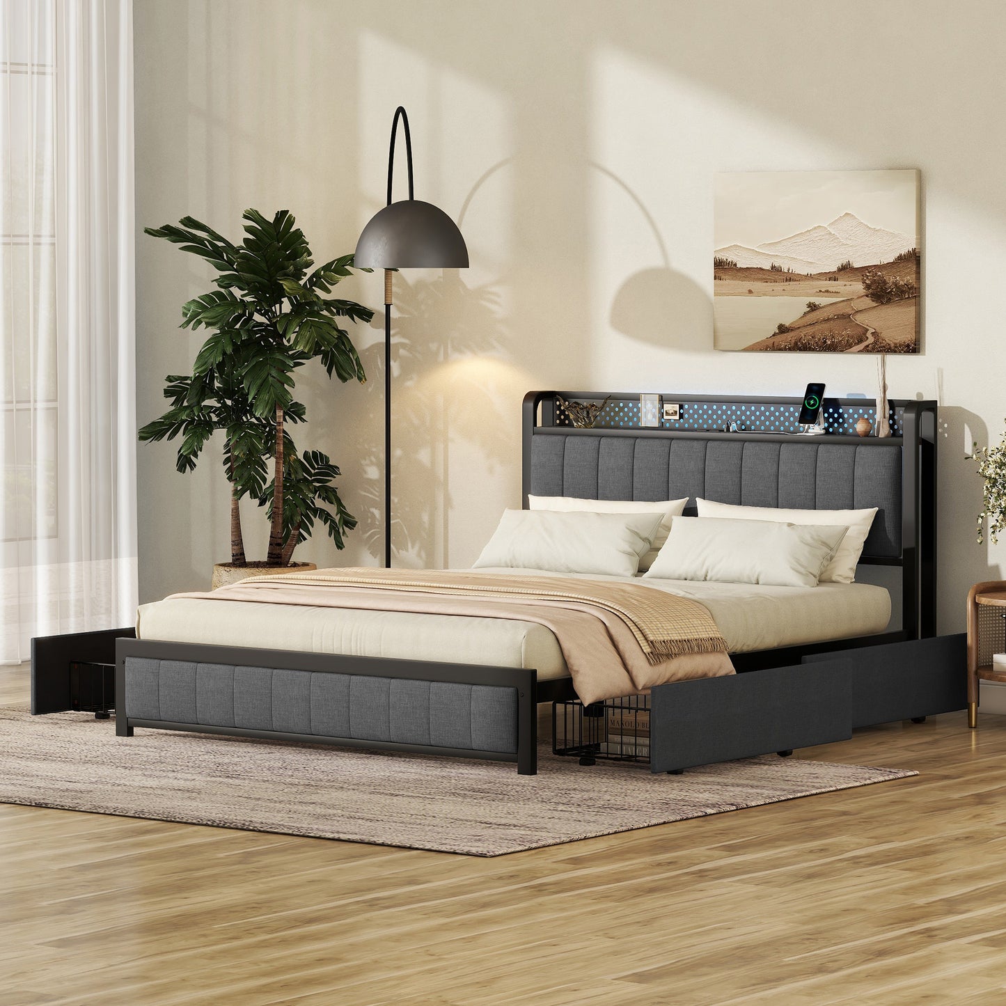 Queen Bed Frame with LED Headboard, Upholstered Bed with 4 Storage Drawers and USB Ports, Dark Grey